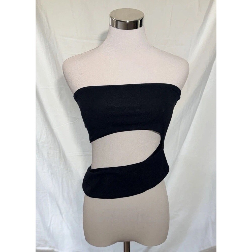 ADC Cut Out Tube Top Bandeau Size L Solid Black Strapless Asymmetrical Crop